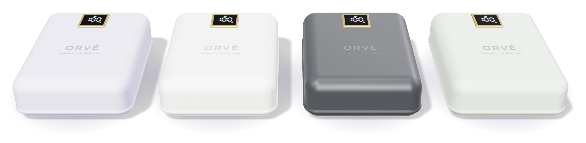 Les quatre coloris de l’Orvé Pocket alignés : Lavande, Blanc nacré, Graphite et Sauge